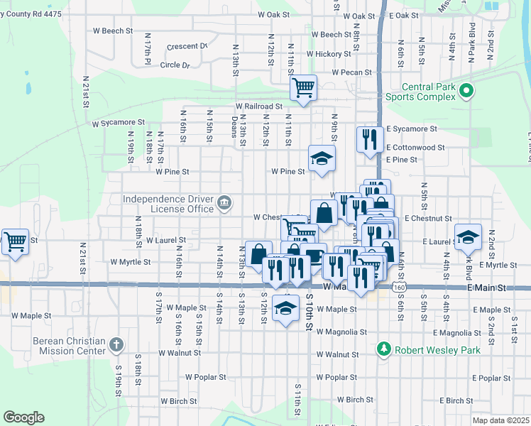map of restaurants, bars, coffee shops, grocery stores, and more near 401-499 N 12th St in Independence