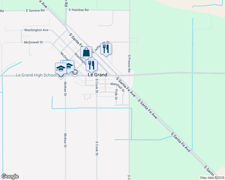 map of restaurants, bars, coffee shops, grocery stores, and more near 13368 Woodrow Street in Le Grand