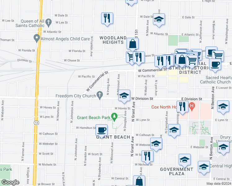 map of restaurants, bars, coffee shops, grocery stores, and more near 1519 North Missouri Avenue in Springfield