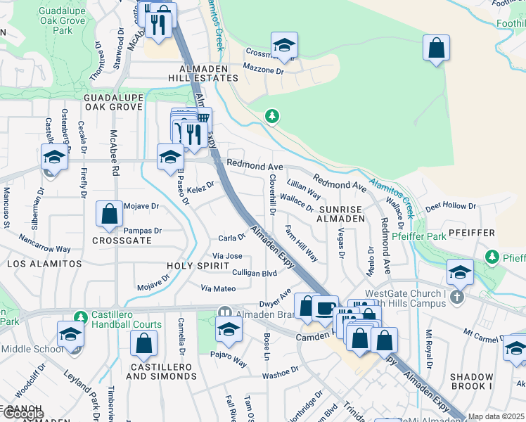 map of restaurants, bars, coffee shops, grocery stores, and more near 1105 Camber Tree Court in San Jose