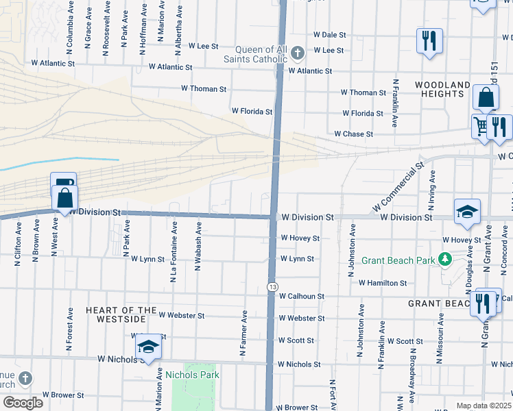 map of restaurants, bars, coffee shops, grocery stores, and more near 1521 North Farmer Avenue in Springfield
