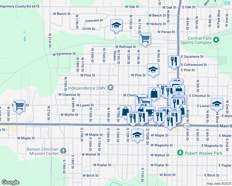 map of restaurants, bars, coffee shops, grocery stores, and more near 401 North 13th Street in Independence