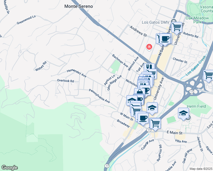 map of restaurants, bars, coffee shops, grocery stores, and more near 101 Glen Ridge Avenue in Los Gatos