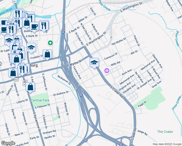 map of restaurants, bars, coffee shops, grocery stores, and more near 220A South Little Church Street in Petersburg