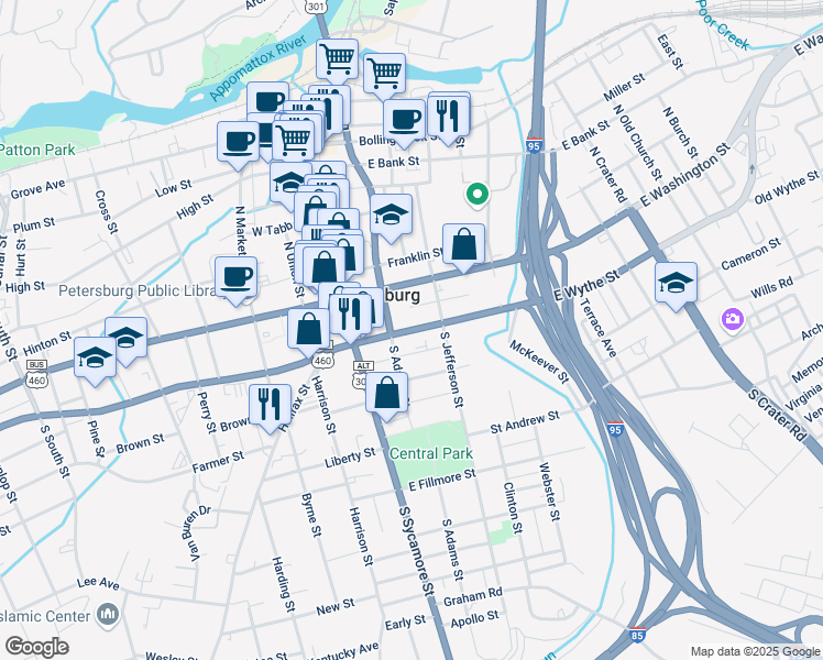 map of restaurants, bars, coffee shops, grocery stores, and more near 141 East Wythe Street in Petersburg