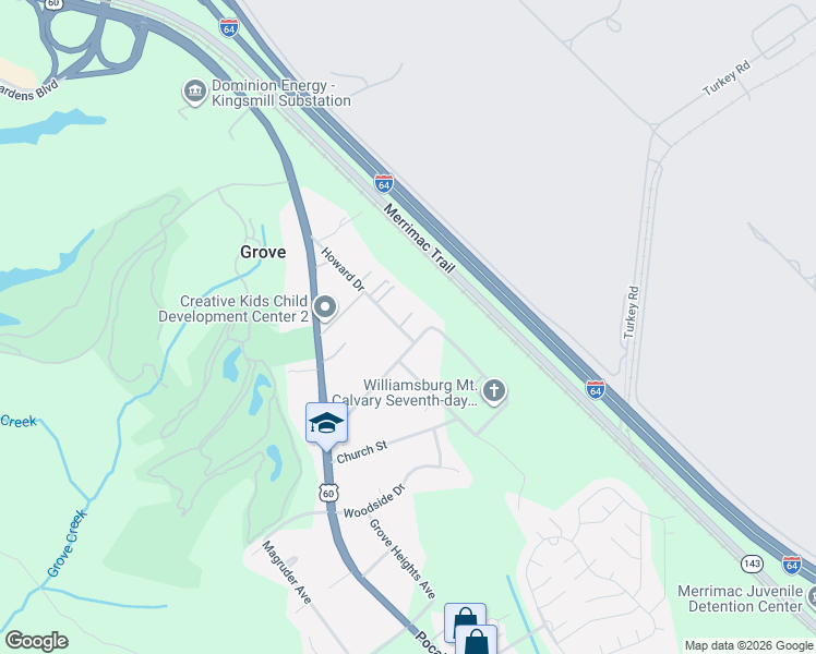map of restaurants, bars, coffee shops, grocery stores, and more near 163 Howard Drive in Williamsburg