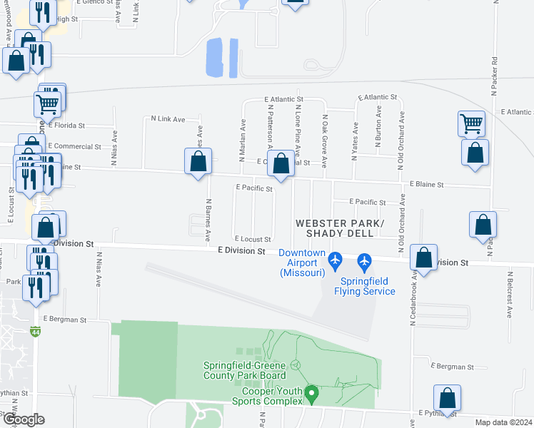 map of restaurants, bars, coffee shops, grocery stores, and more near 1645 North Patterson Avenue in Springfield