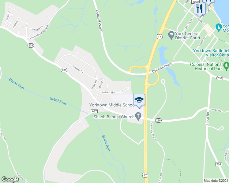 map of restaurants, bars, coffee shops, grocery stores, and more near 109 Rivermeade Court in Yorktown