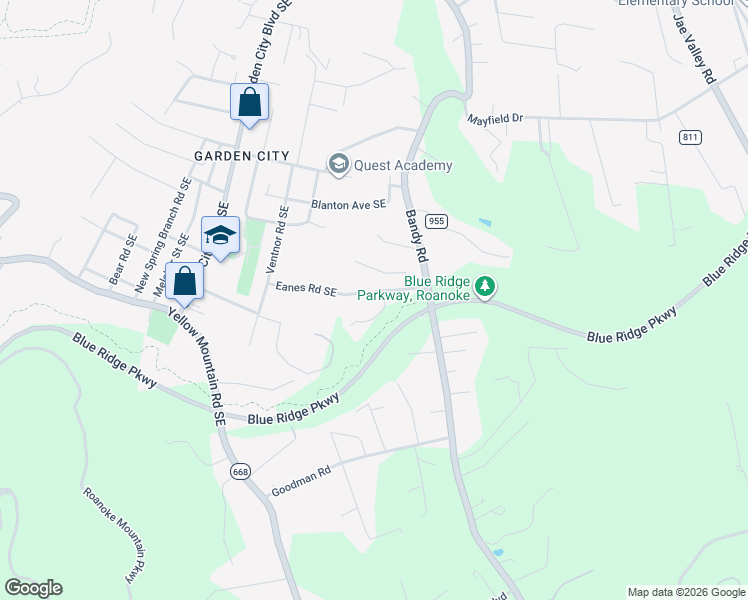 map of restaurants, bars, coffee shops, grocery stores, and more near 1625 Eanes Road in Roanoke