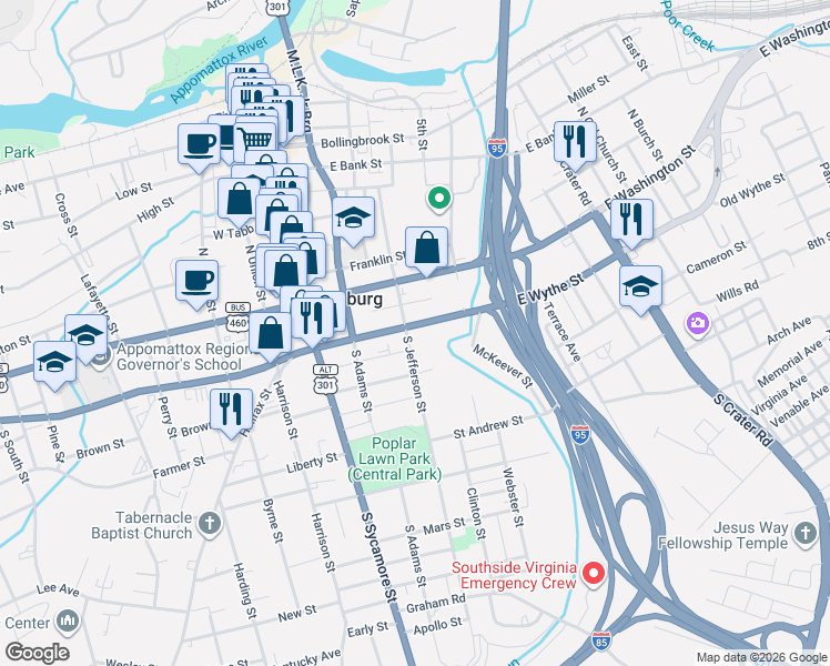 map of restaurants, bars, coffee shops, grocery stores, and more near 220 East Wythe Street in Petersburg