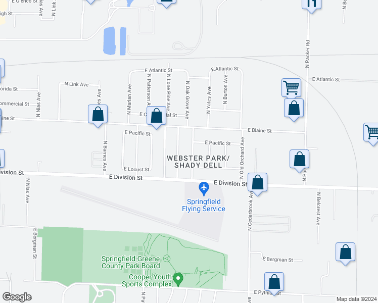 map of restaurants, bars, coffee shops, grocery stores, and more near 1631 North Oak Grove Avenue in Springfield