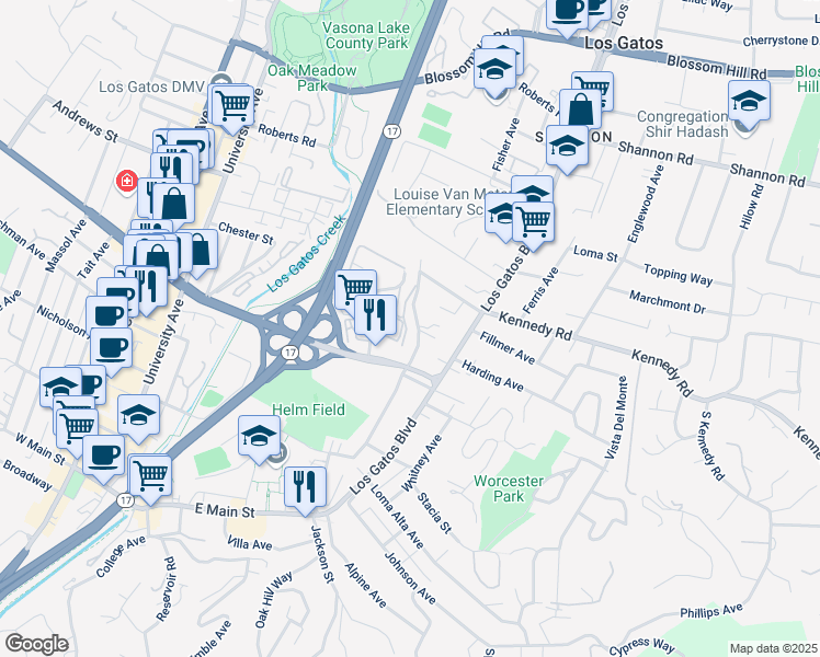 map of restaurants, bars, coffee shops, grocery stores, and more near 164 Maggi Court in Los Gatos