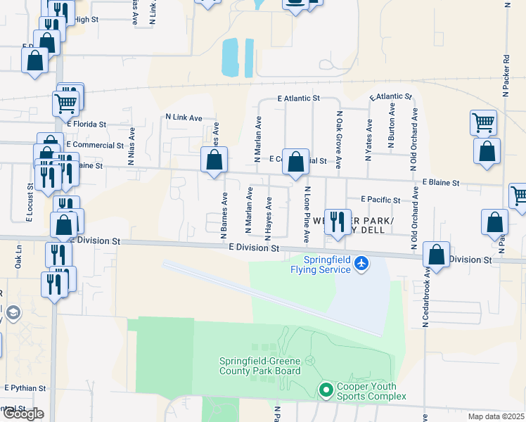 map of restaurants, bars, coffee shops, grocery stores, and more near 1643 North Hayes Avenue in Springfield
