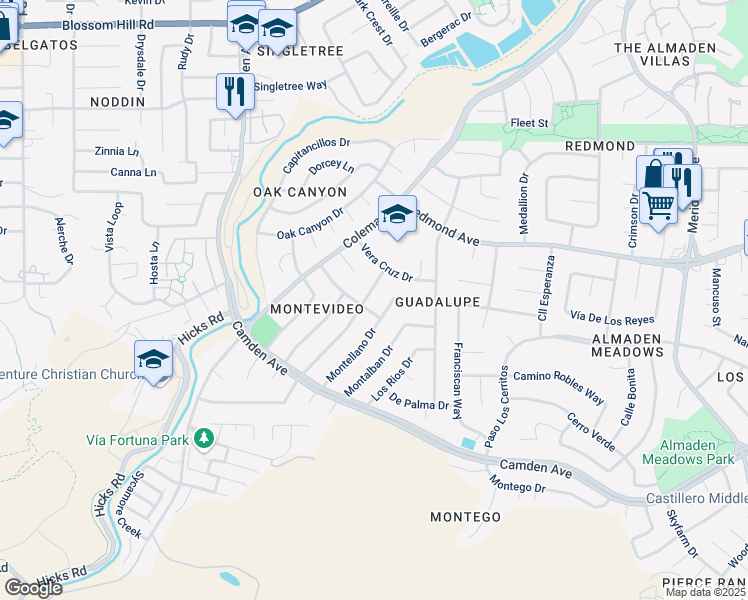 map of restaurants, bars, coffee shops, grocery stores, and more near 1507 Montellano Drive in San Jose
