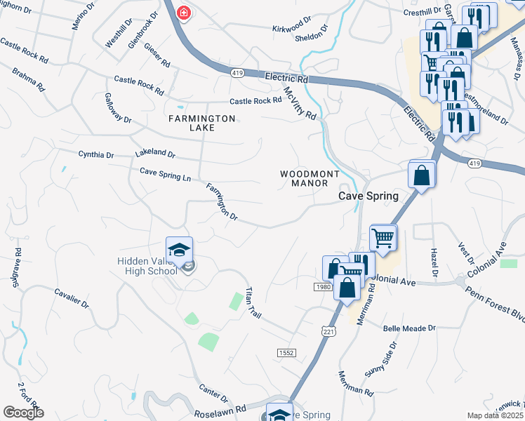 map of restaurants, bars, coffee shops, grocery stores, and more near 5210 Luwana Drive in Cave Spring