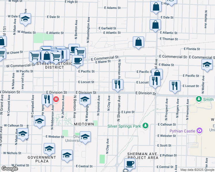 map of restaurants, bars, coffee shops, grocery stores, and more near 1522 North Clay Avenue in Springfield