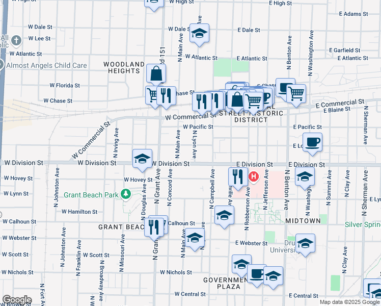 map of restaurants, bars, coffee shops, grocery stores, and more near 1529 North Lyon Avenue in Springfield