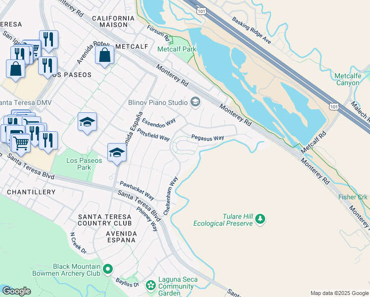 map of restaurants, bars, coffee shops, grocery stores, and more near 7388 Tulare Hill Dr in San Jose