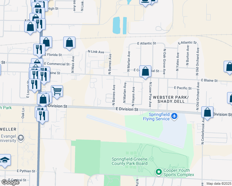 map of restaurants, bars, coffee shops, grocery stores, and more near 1612 North Barnes Avenue in Springfield