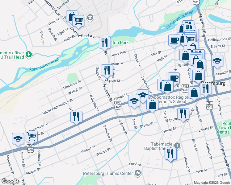 map of restaurants, bars, coffee shops, grocery stores, and more near 645 Commerce Street in Petersburg