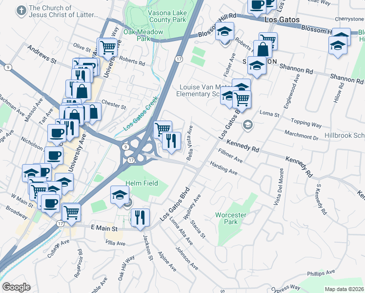 map of restaurants, bars, coffee shops, grocery stores, and more near 164 Maggi Court in Los Gatos