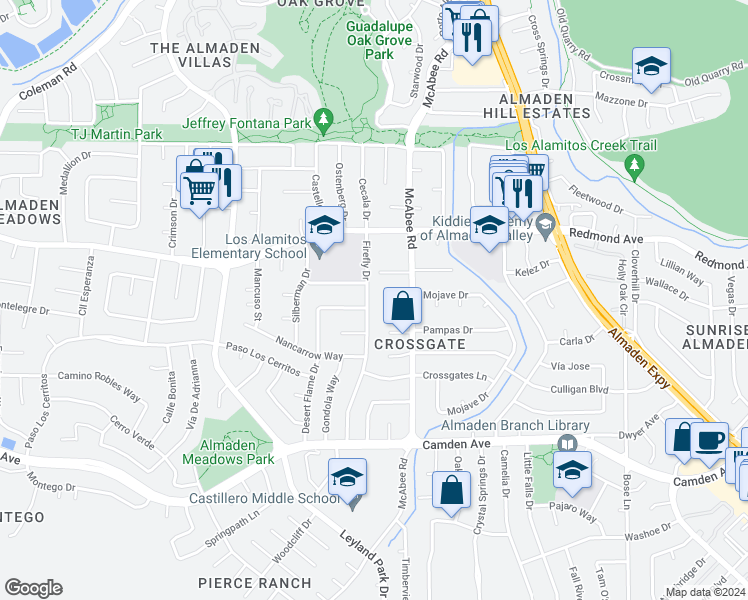 map of restaurants, bars, coffee shops, grocery stores, and more near 6266 Firefly Drive in San Jose