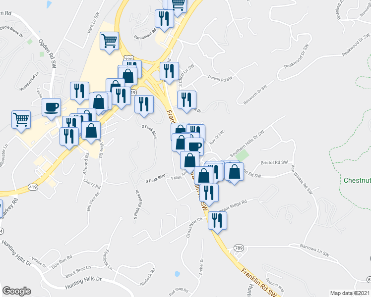 map of restaurants, bars, coffee shops, grocery stores, and more near 4100 Franklin Road Southwest in Roanoke