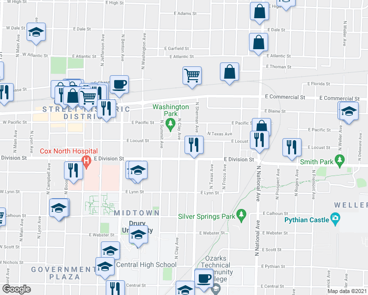 map of restaurants, bars, coffee shops, grocery stores, and more near 1522 North Clay Avenue in Springfield