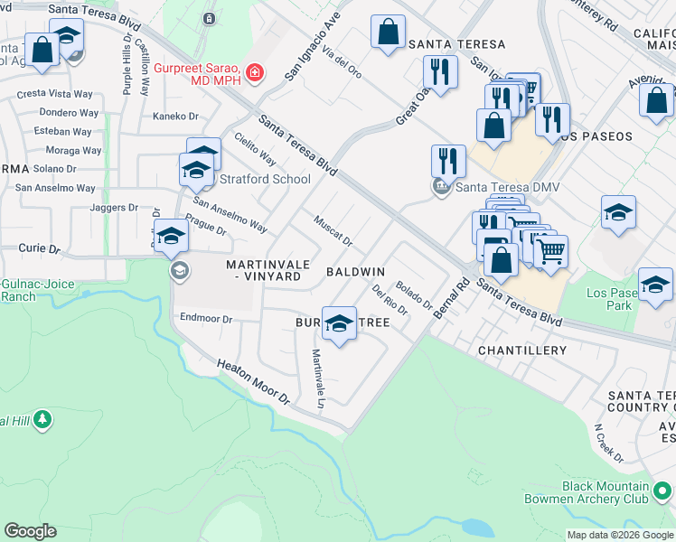 map of restaurants, bars, coffee shops, grocery stores, and more near 237 Arbor Valley Drive in San Jose
