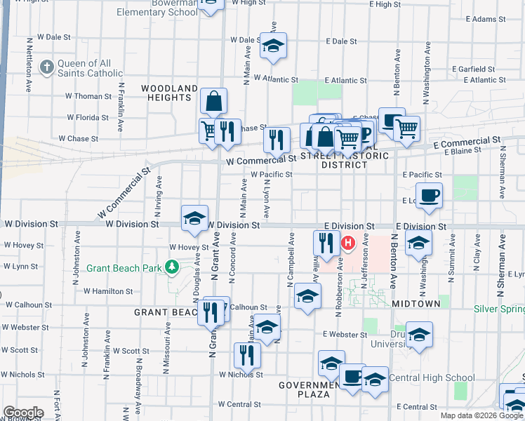 map of restaurants, bars, coffee shops, grocery stores, and more near 1529 North Lyon Avenue in Springfield