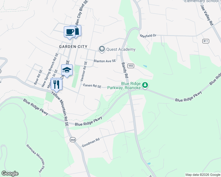 map of restaurants, bars, coffee shops, grocery stores, and more near 1625 Eanes Road in Roanoke