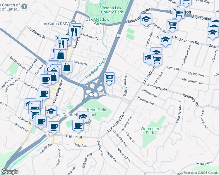 map of restaurants, bars, coffee shops, grocery stores, and more near 409 Alberto Way in Los Gatos