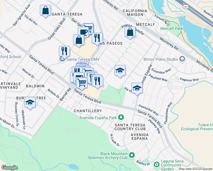 map of restaurants, bars, coffee shops, grocery stores, and more near 101 Morrow Court in San Jose