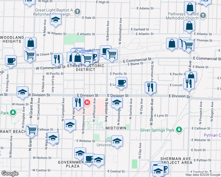 map of restaurants, bars, coffee shops, grocery stores, and more near 1526 North Benton Avenue in Springfield