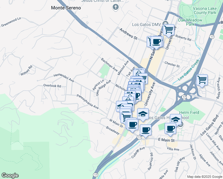 map of restaurants, bars, coffee shops, grocery stores, and more near 137 Massol Avenue in Los Gatos