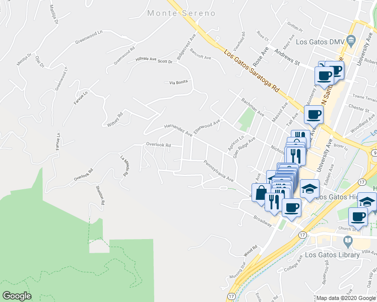map of restaurants, bars, coffee shops, grocery stores, and more near 15 Walnut Avenue in Los Gatos