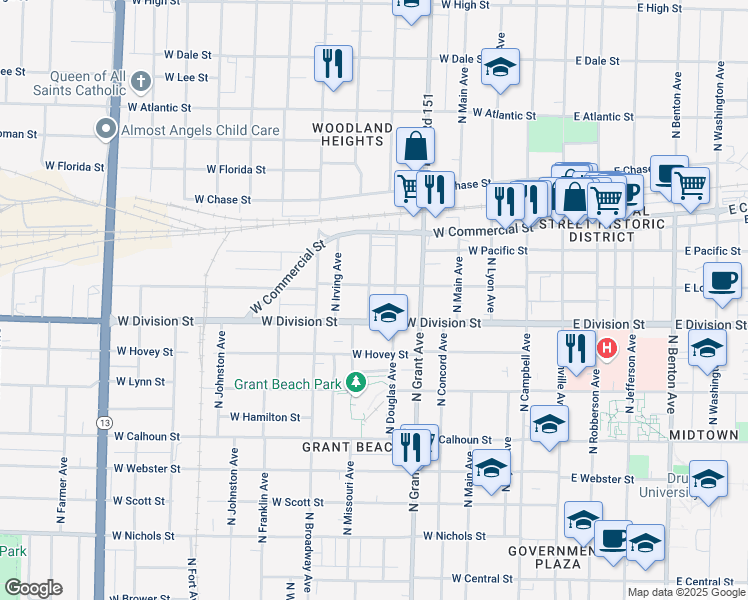 map of restaurants, bars, coffee shops, grocery stores, and more near 1522 North Missouri Avenue in Springfield