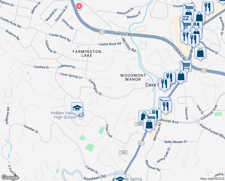 map of restaurants, bars, coffee shops, grocery stores, and more near 5210 Luwana Drive in Cave Spring