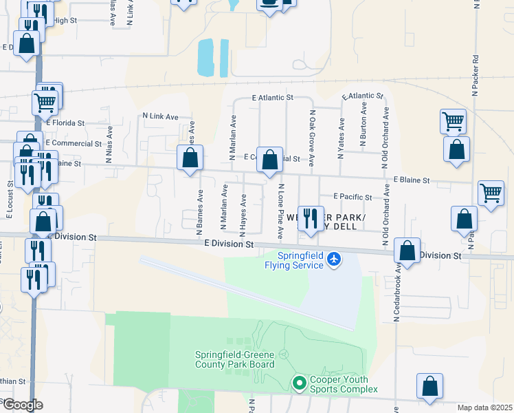 map of restaurants, bars, coffee shops, grocery stores, and more near 1649 North Patterson Avenue in Springfield