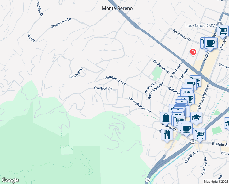 map of restaurants, bars, coffee shops, grocery stores, and more near 18000 Overlook Road in Los Gatos