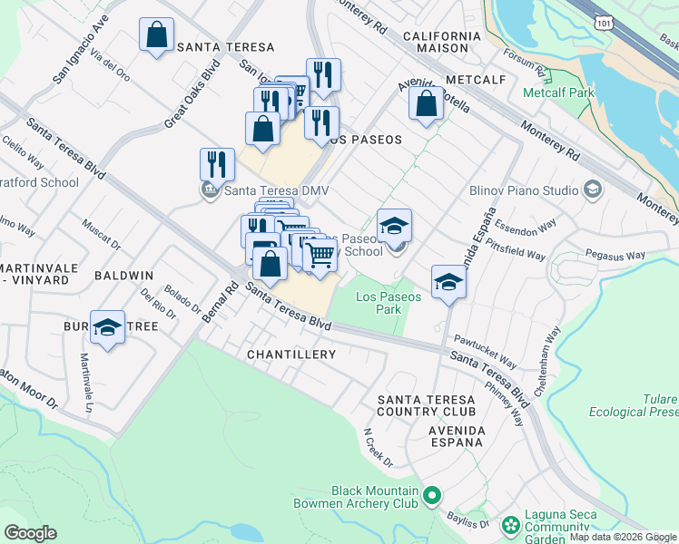 map of restaurants, bars, coffee shops, grocery stores, and more near 101 Morrow Court in San Jose