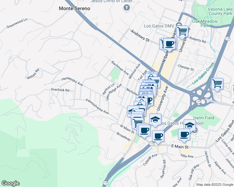 map of restaurants, bars, coffee shops, grocery stores, and more near 137 Massol Avenue in Los Gatos