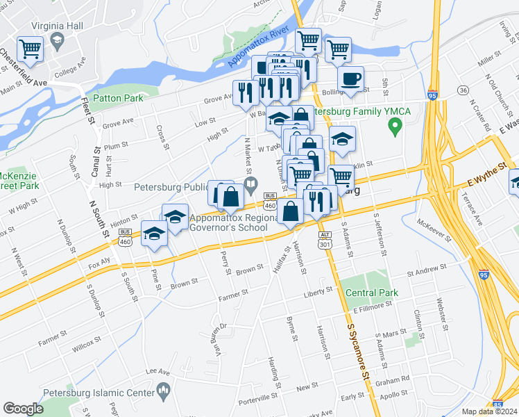 map of restaurants, bars, coffee shops, grocery stores, and more near 120 West Washington Street in Petersburg