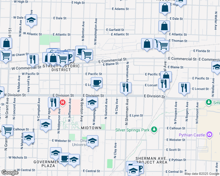 map of restaurants, bars, coffee shops, grocery stores, and more near 1530 North Summit Avenue in Springfield