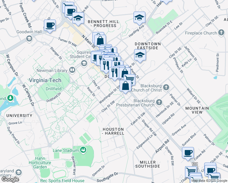 map of restaurants, bars, coffee shops, grocery stores, and more near 203 Washington Street Southwest in Blacksburg