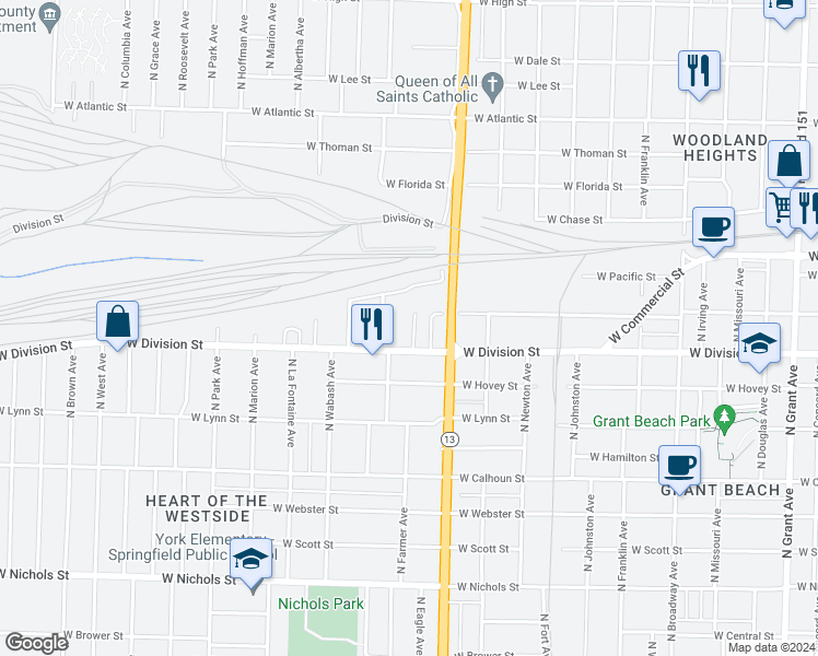 map of restaurants, bars, coffee shops, grocery stores, and more near 1521 North Farmer Avenue in Springfield