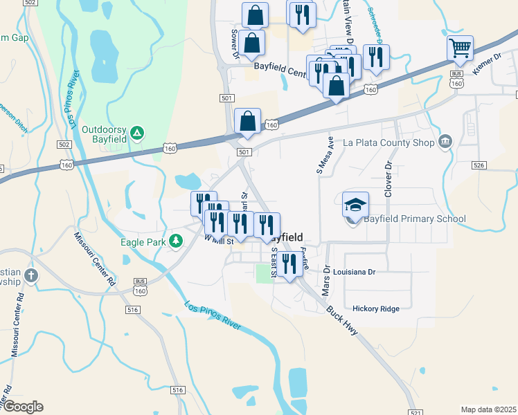 map of restaurants, bars, coffee shops, grocery stores, and more near 82 East Park Street in Bayfield