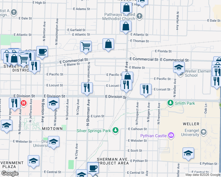 map of restaurants, bars, coffee shops, grocery stores, and more near 1050 East Locust Street in Springfield