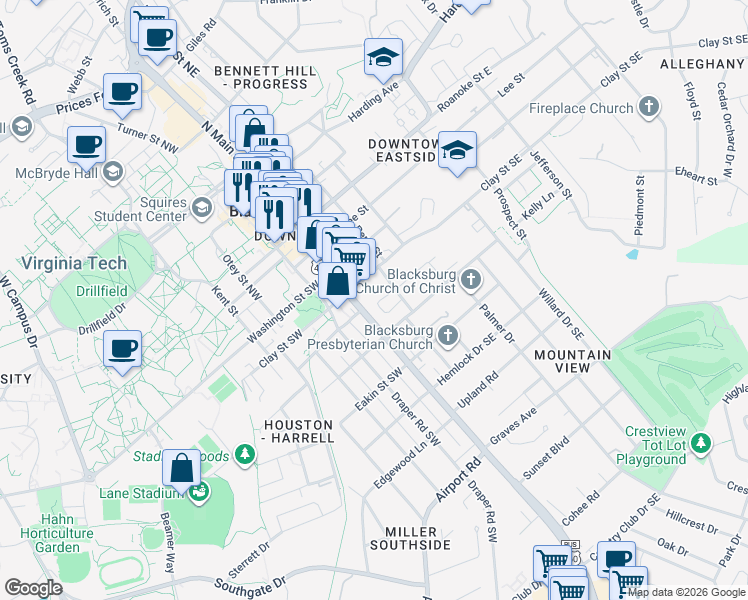 map of restaurants, bars, coffee shops, grocery stores, and more near Miller Street Southwest in Blacksburg