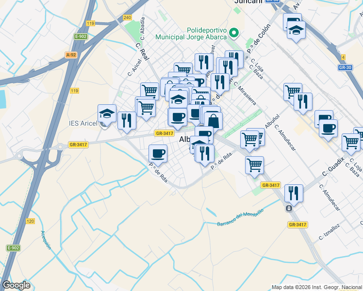 map of restaurants, bars, coffee shops, grocery stores, and more near 6 Calle la Paz in Albolote